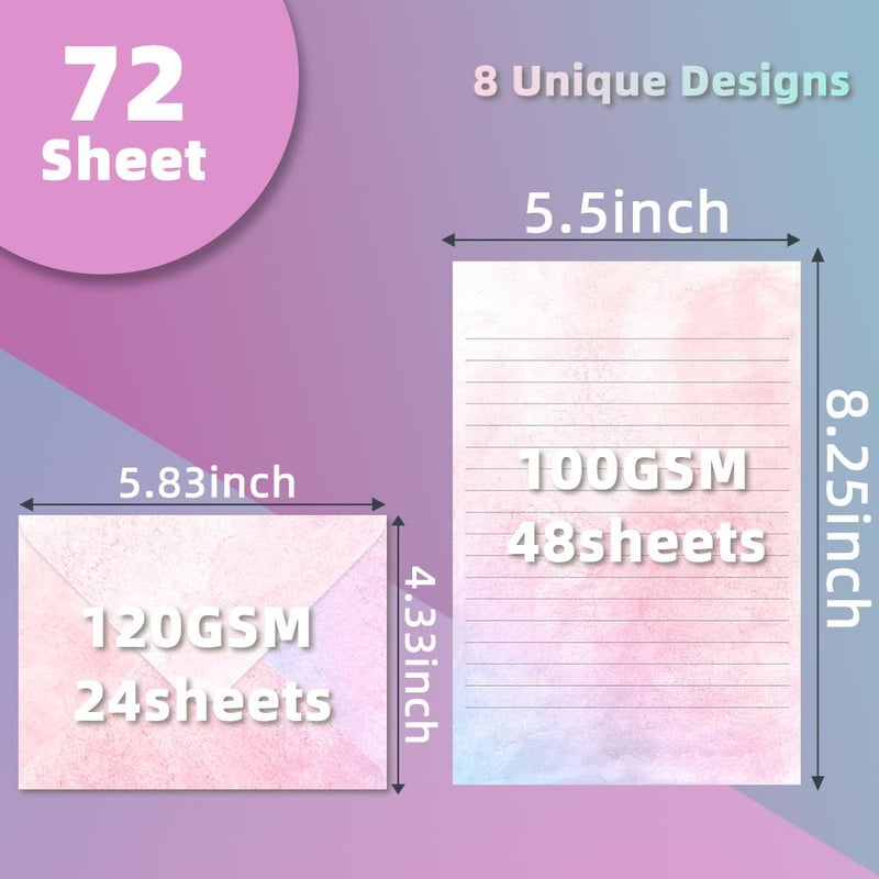 TEETOOKEA 72 Pieces Stationery Set with Envelopes (48 Lined Watercolor Sheets + 24 Matching Envelopes)  8 Unique Designs  5.5 x 8.25 inch Double Sided Printing stationery paper for Letter Writing - Image 2